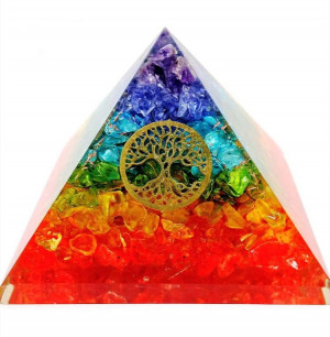Orgone Pyramids 7 Chakra Stone Pyramid With Tree Of Life Symbol, Rainbow color Layered orgone pyramid for healing and reiki 