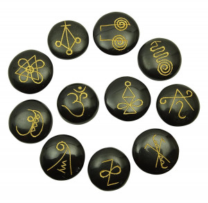 Black tourmaline 11pcs round karuna symbol