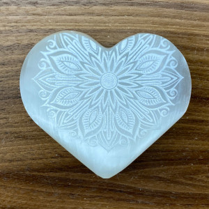 selenite puffy heart with engraved symbol small size healing 