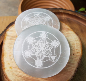 wholesale selenite Charging Plate With Spiritual Symbol: Selenite Coaster  engraved | selenite charging plate wholesale agate slice 